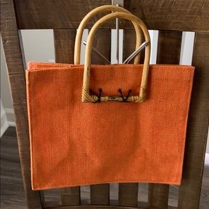 Burlap Orange wood handle beach bag or everyday